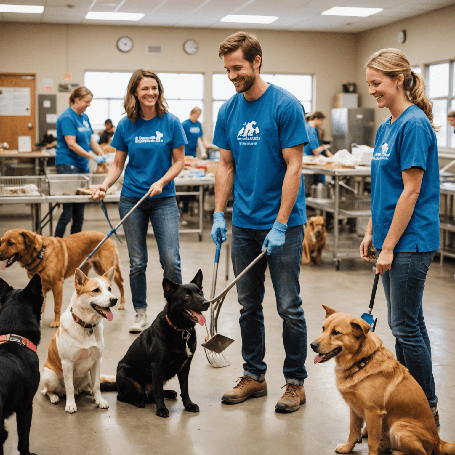 A group of diverse volunteers smiling and interacting with happy dogs and cats at an animal shelter. The image shows a bright, clean facility with volunteers engaged in various activities such as walking dogs, playing with cats, and cleaning kennels.