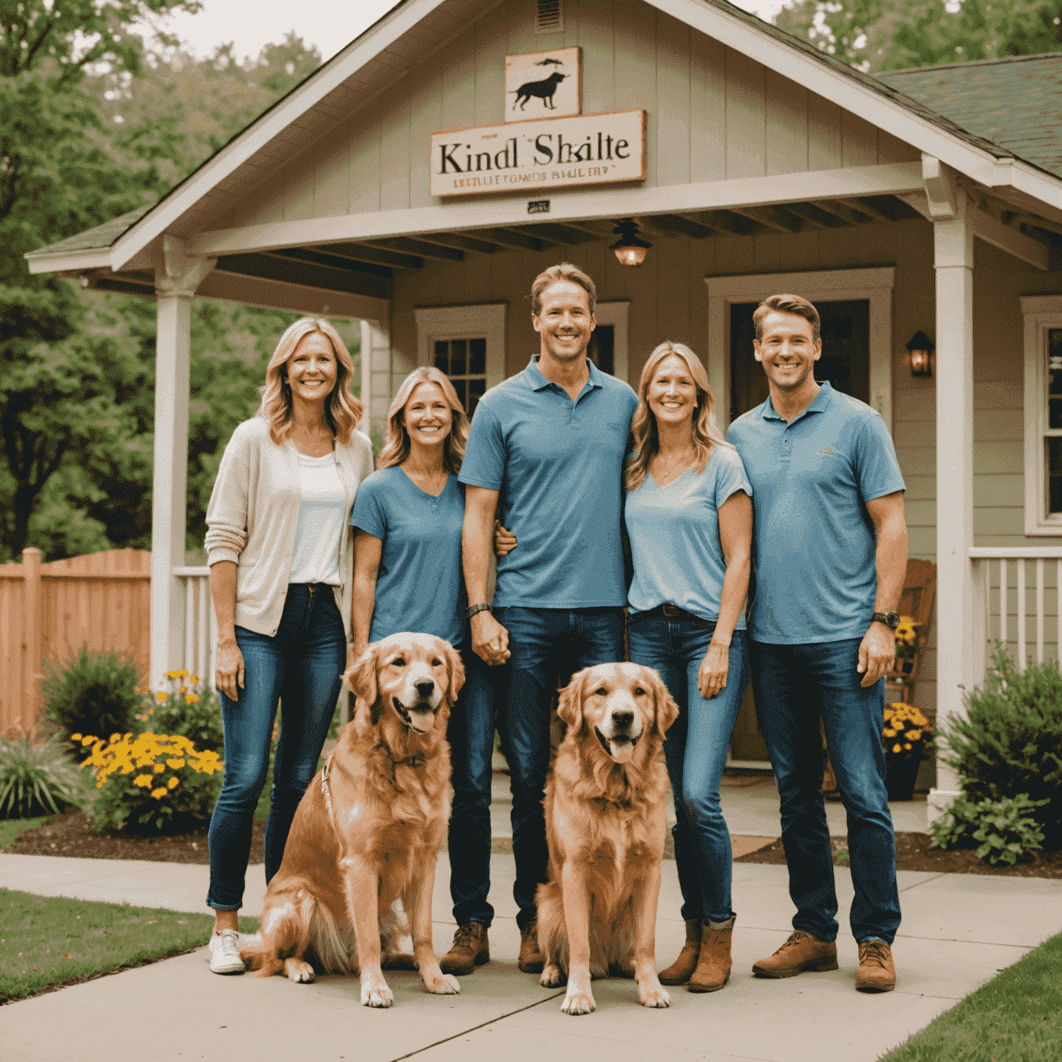 A happy family with their newly adopted dog, a golden retriever mix, standing in front of the KindTail shelter. The dog is wagging its tail and the family members are all smiling brightly.