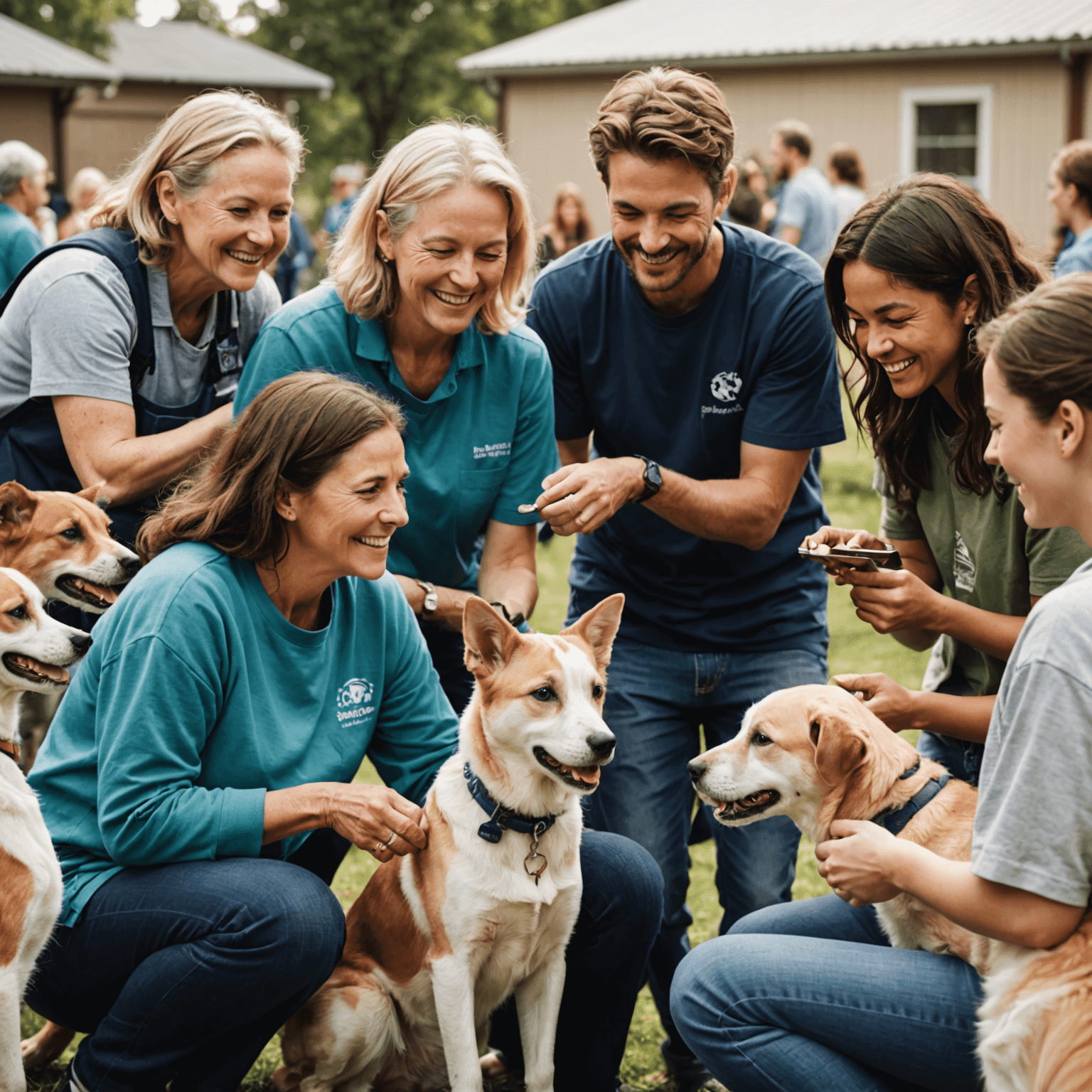A group of diverse volunteers smiling and interacting with shelter dogs and cats. The image shows people of various ages petting, playing, and caring for animals in a clean, welcoming shelter environment.