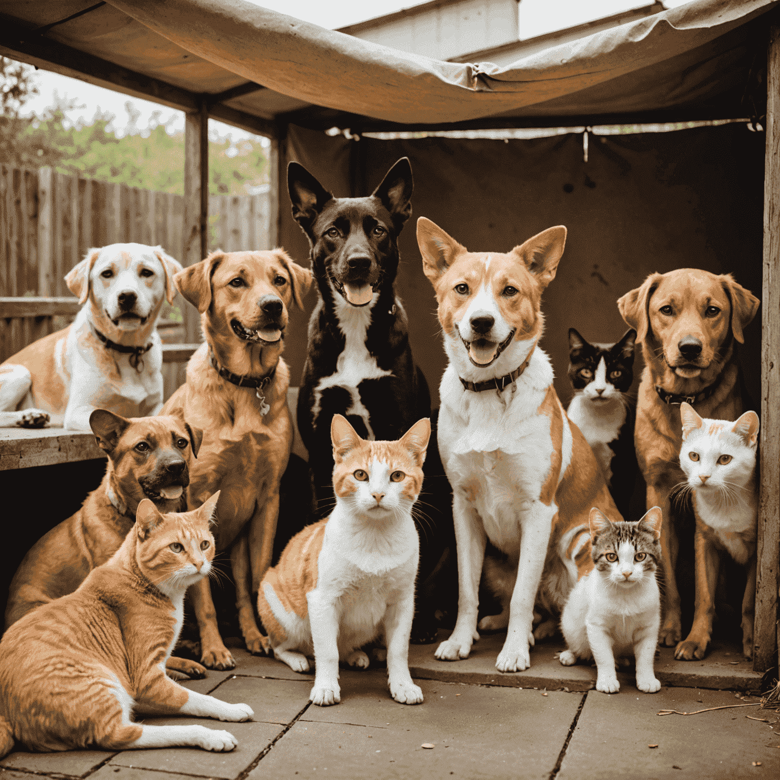 A group of happy shelter dogs and cats, well-fed and cared for, playing in a clean and comfortable shelter environment. The image showcases the positive impact of donations on animal welfare.