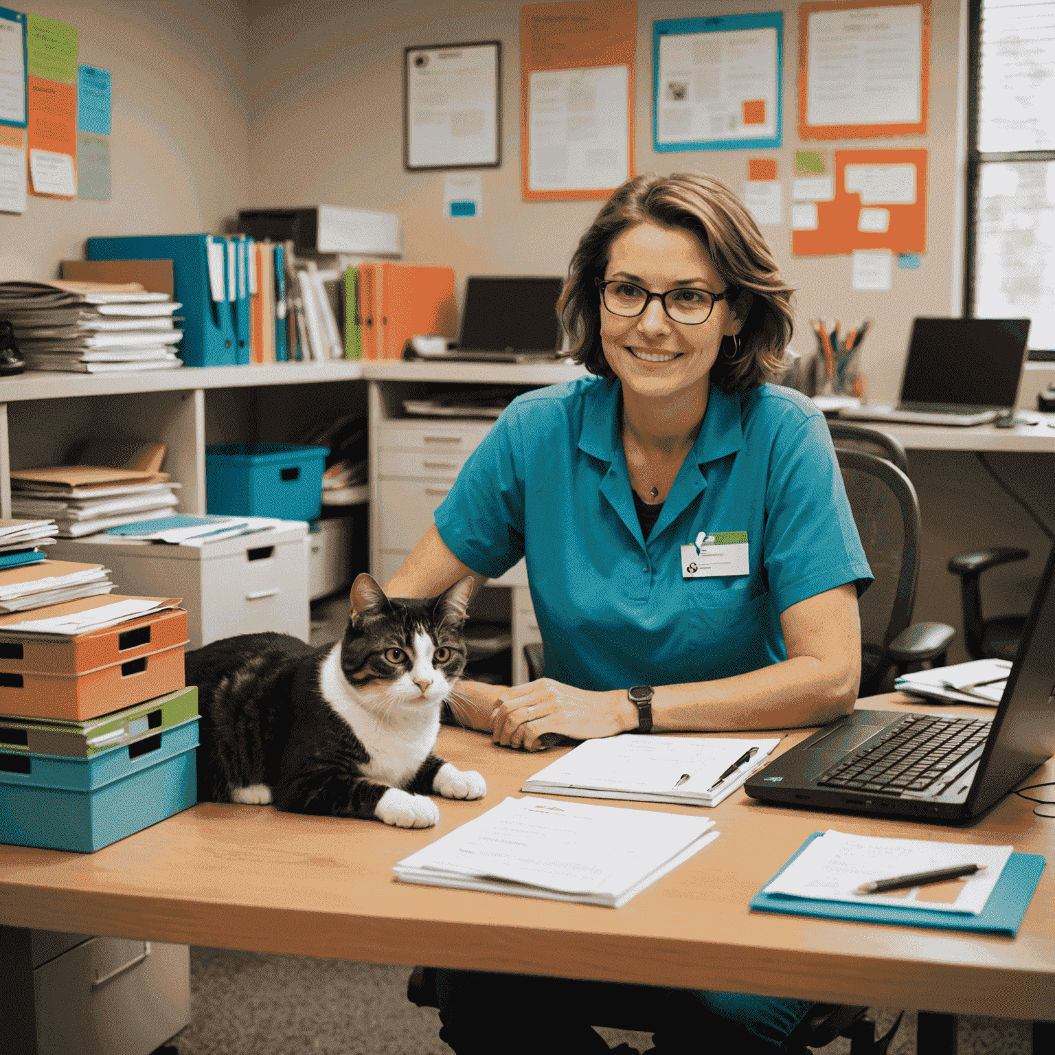 A volunteer working on a computer in an animal shelter office, surrounded by colorful file folders and a cat lounging nearby