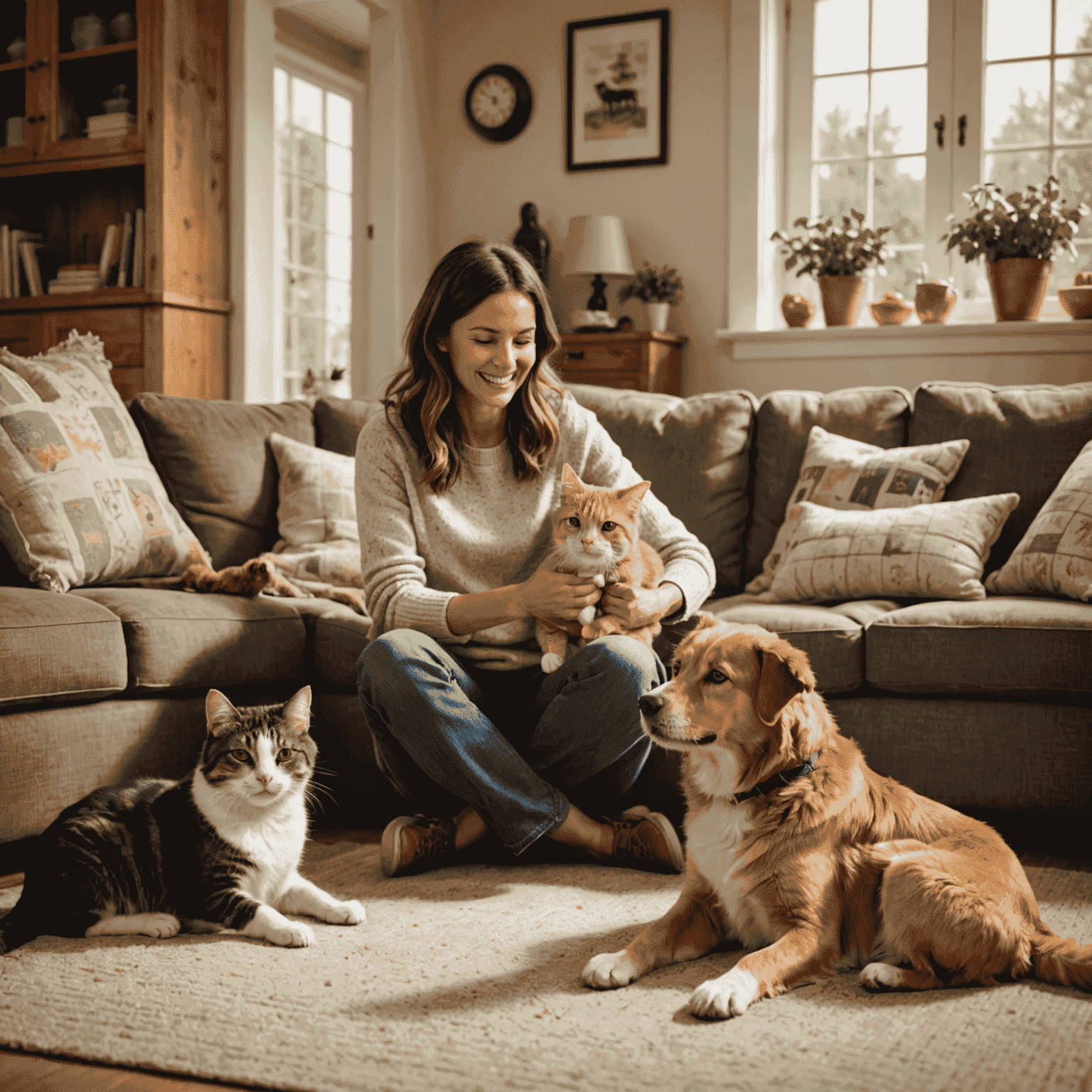 A happy dog and cat being cared for by a foster family in a cozy home setting, showcasing the joy of fostering animals