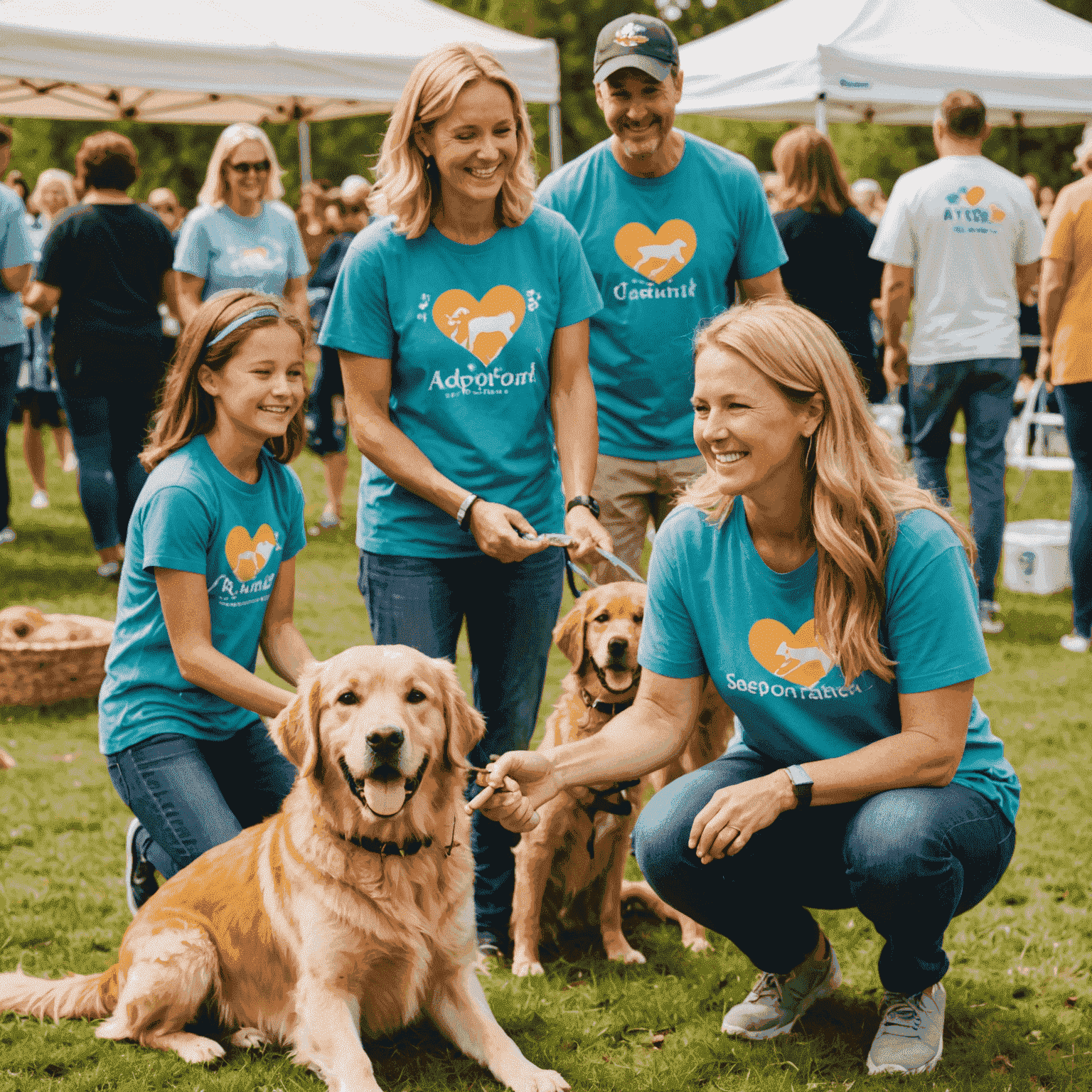 A happy family adopting a dog at an outdoor adoption event. The family, consisting of parents and two children, are smiling and petting a golden retriever. Volunteers in KindTail t-shirts are visible in the background, assisting other potential adopters.