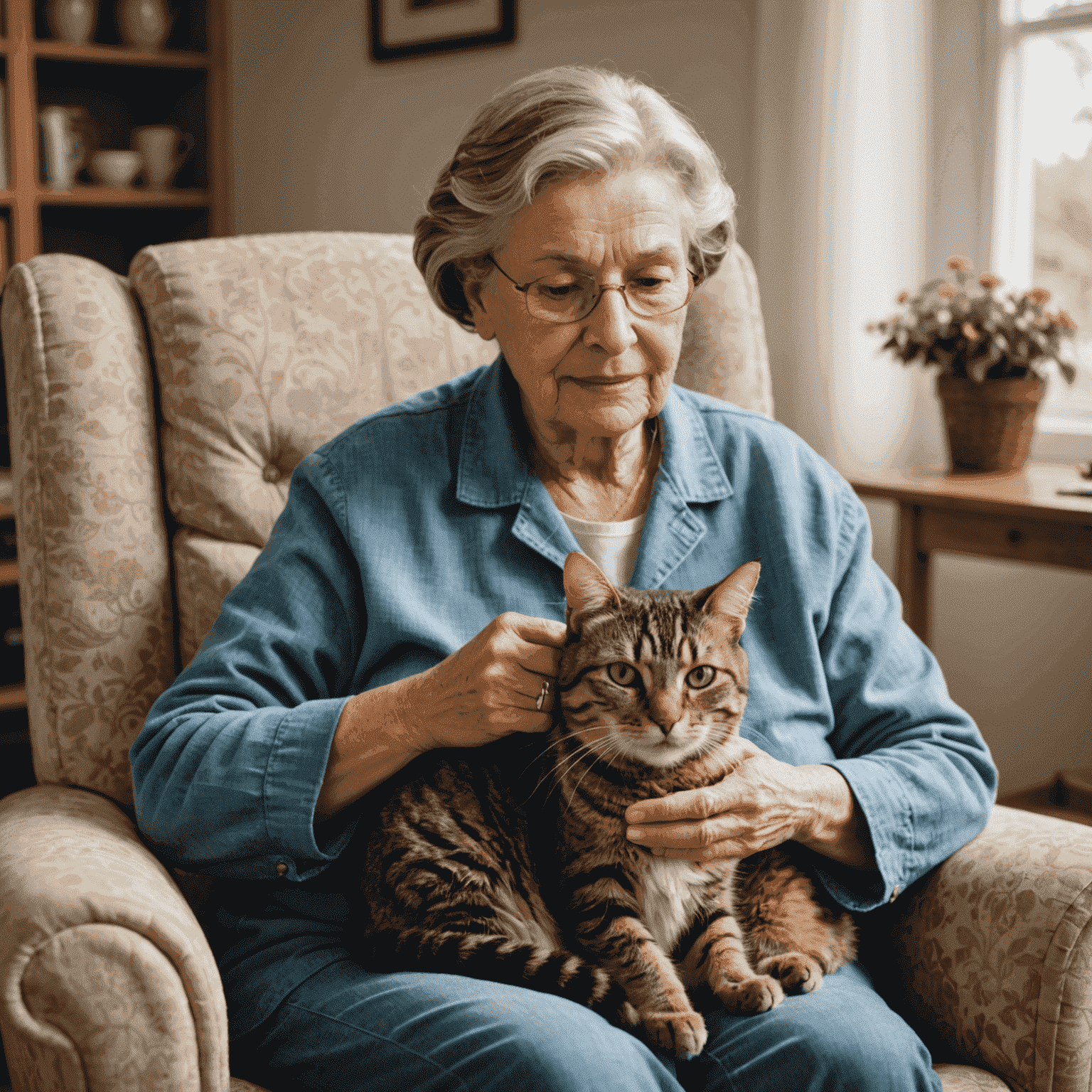 An elderly woman sitting in a comfortable armchair, gently petting a senior tabby cat on her lap. Both the woman and the cat look content and relaxed.
