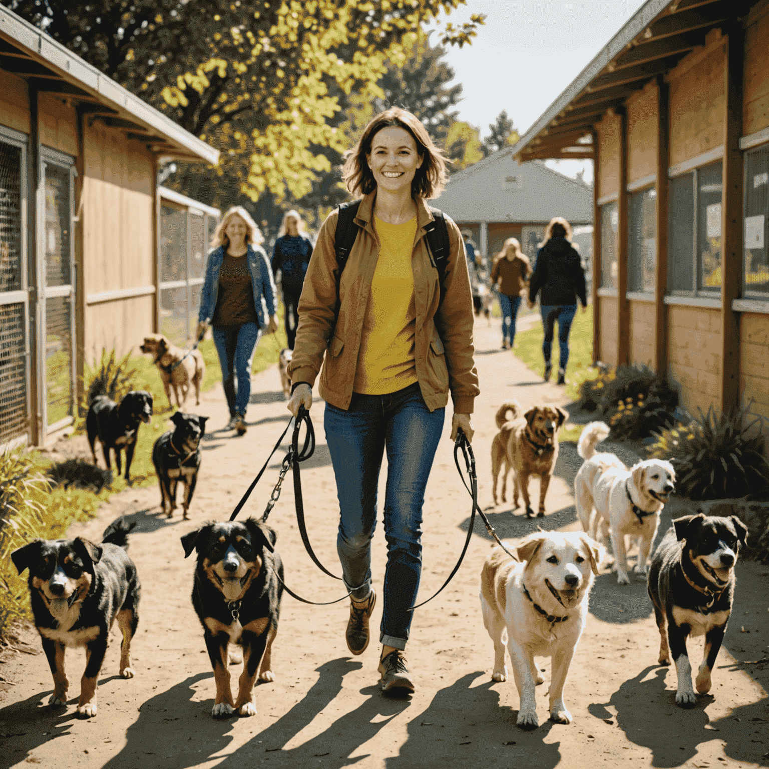 A volunteer walking dogs at an animal shelter. The image shows a person with a leash, surrounded by happy dogs of various breeds in an outdoor setting.