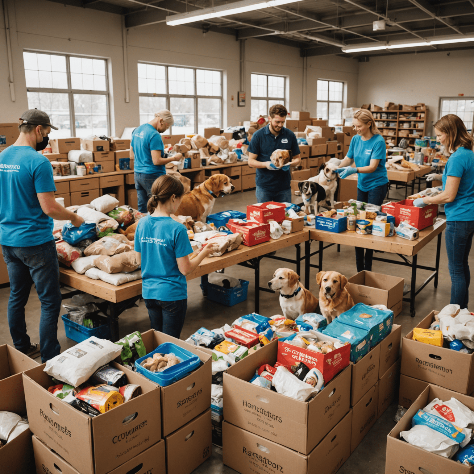 A heartwarming scene of volunteers sorting through donated supplies for an animal shelter. Piles of pet food, blankets, toys, and cleaning supplies are visible, showcasing the community's generosity.