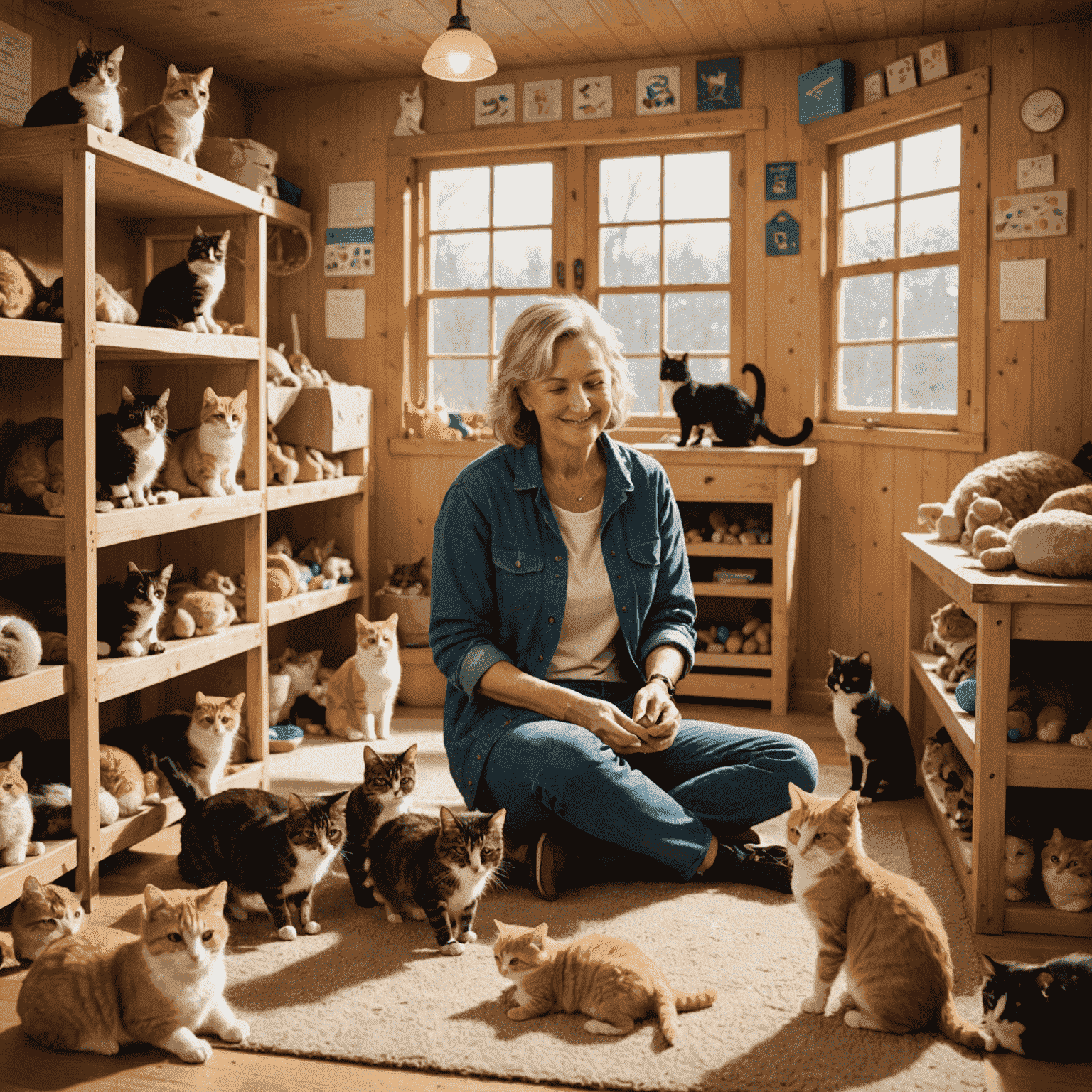 A volunteer gently petting and playing with cats in a cozy shelter room, surrounded by cat trees and toys