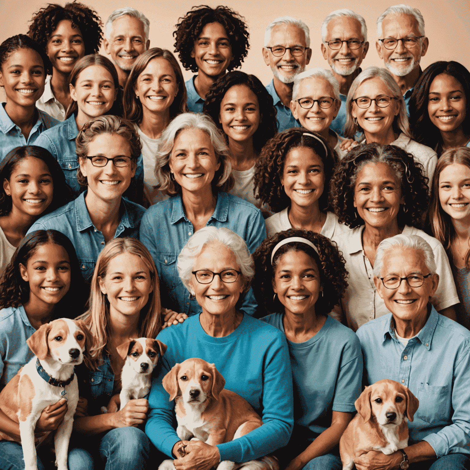A diverse group of people of different ages and backgrounds, all smiling and holding various foster animals, representing the inclusive nature of the foster program