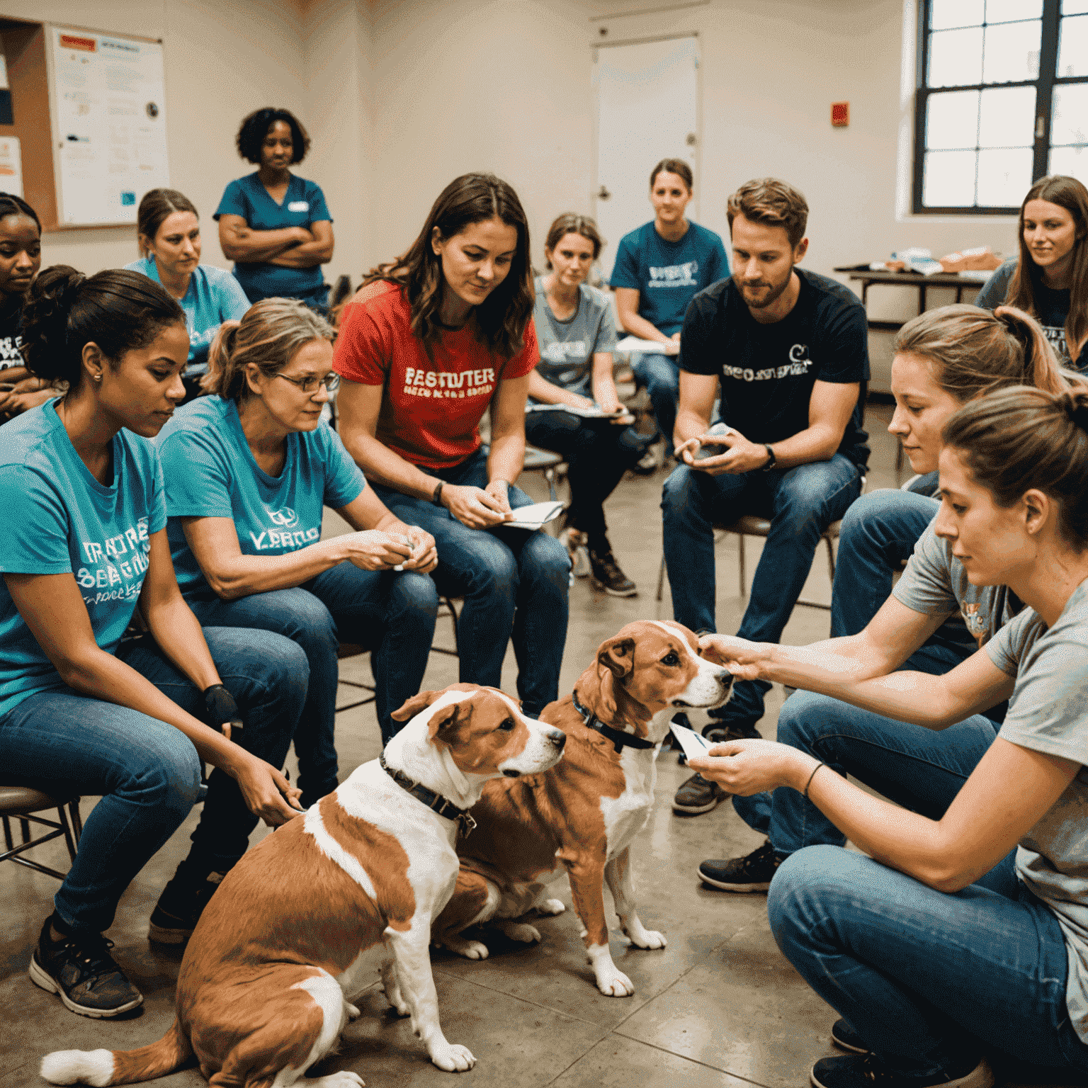 Group of diverse volunteers participating in a training session, learning how to handle and care for shelter animals