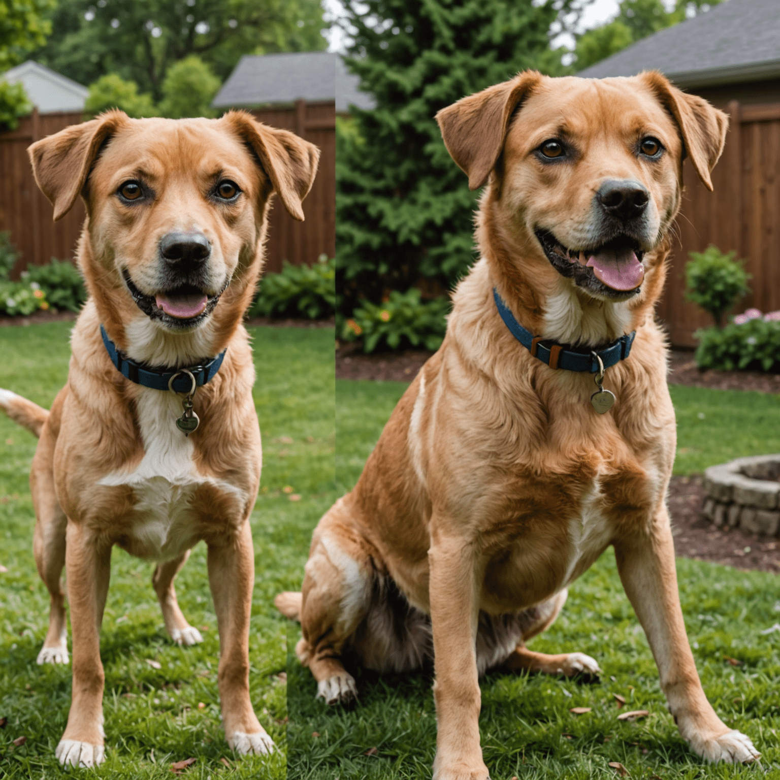 A before and after split image of Rocky, a mixed-breed dog. The 'before' shows him looking thin and scared, while the 'after' shows a healthy, happy dog playing in a backyard.