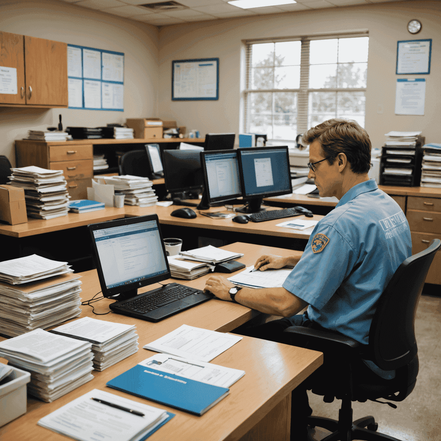 A volunteer working on administrative tasks at an animal shelter. The image shows a person at a desk with a computer, surrounded by files and paperwork related to animal care and adoption.