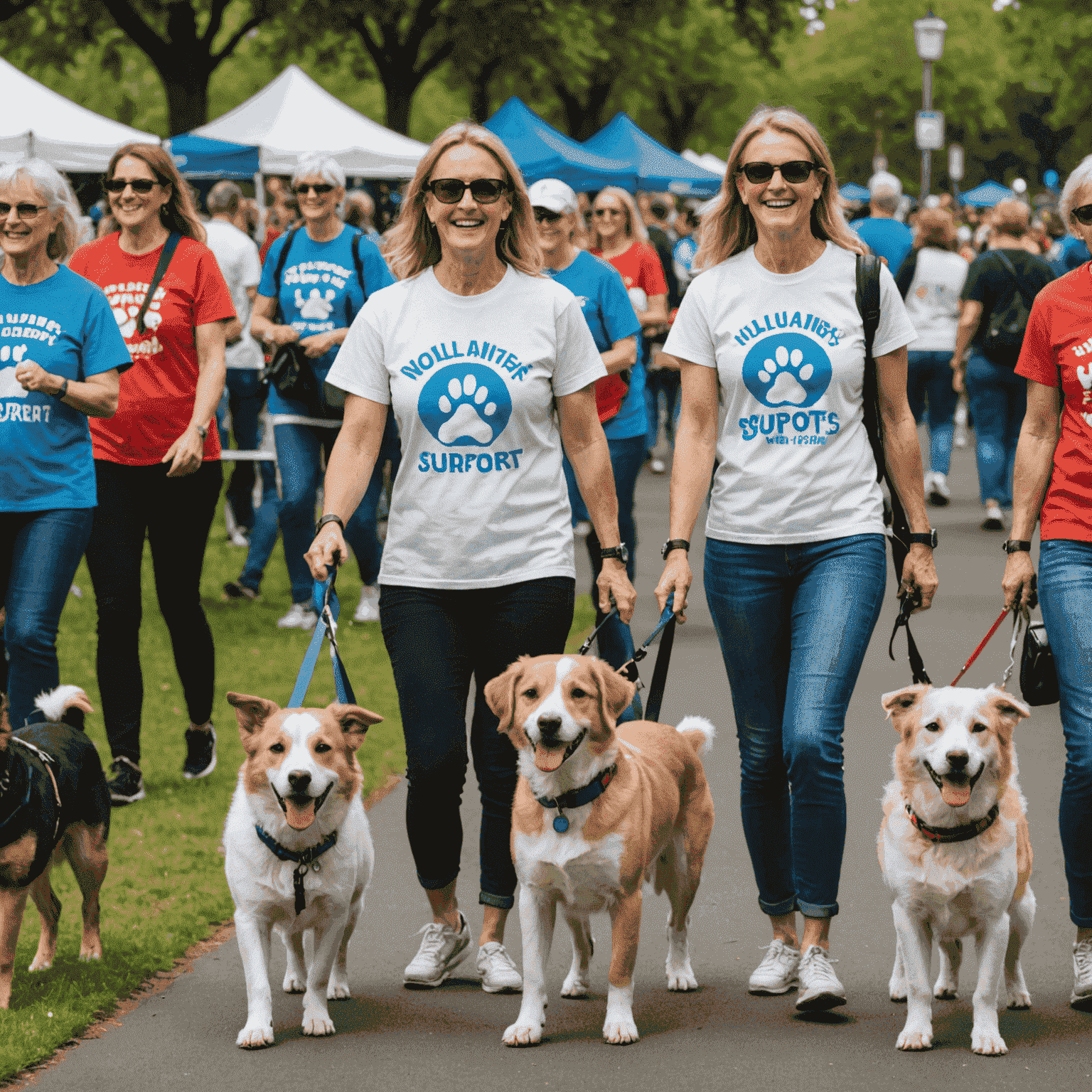 A lively charity dog walk event in a park, with participants and their dogs wearing matching t-shirts. Volunteers are seen manning information booths and cheering on the walkers, creating a festive atmosphere for animal shelter support.