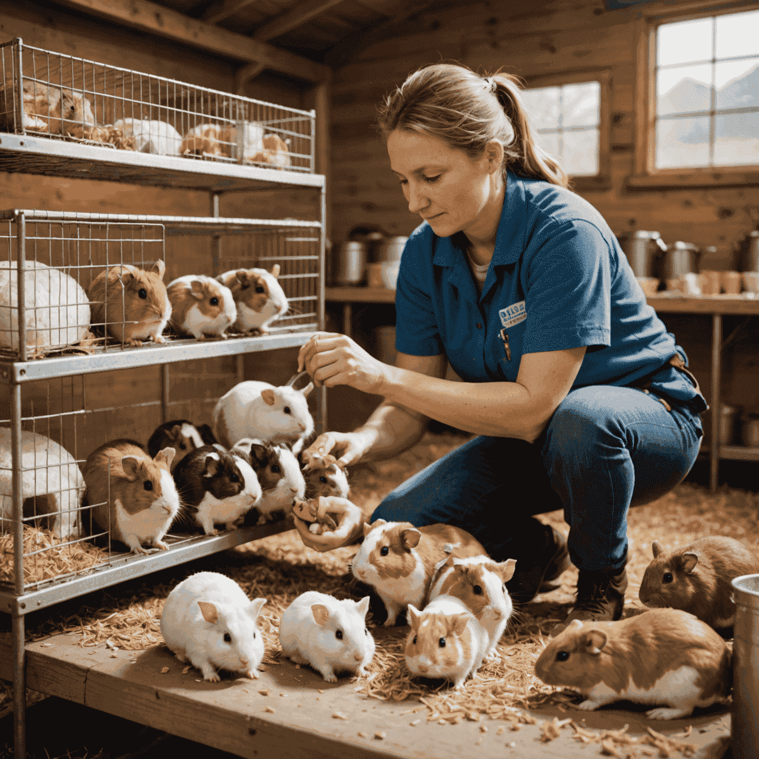 A volunteer carefully handling and feeding small animals like rabbits, guinea pigs, and hamsters in a clean, well-lit shelter environment