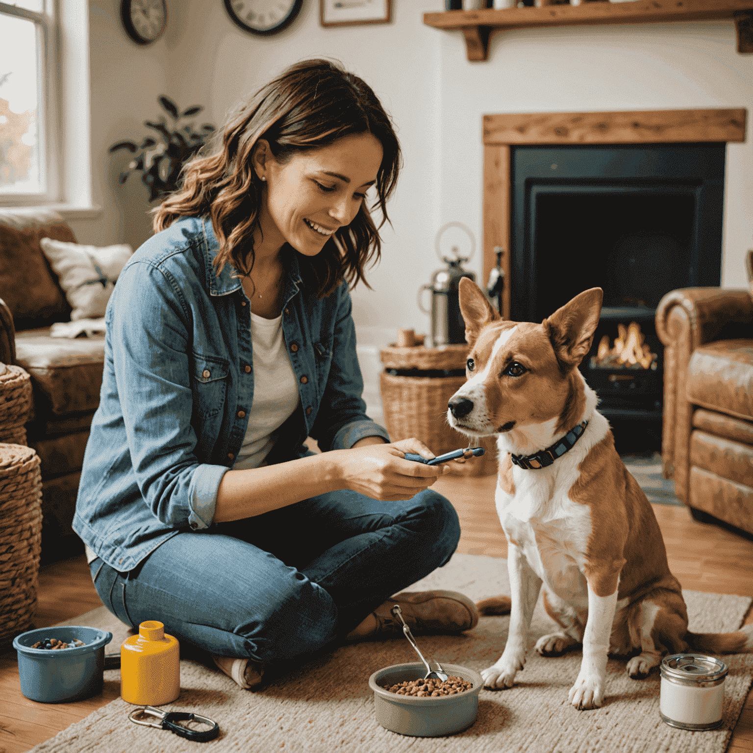 New pet owner learning to care for their adopted dog, with various pet care items visible