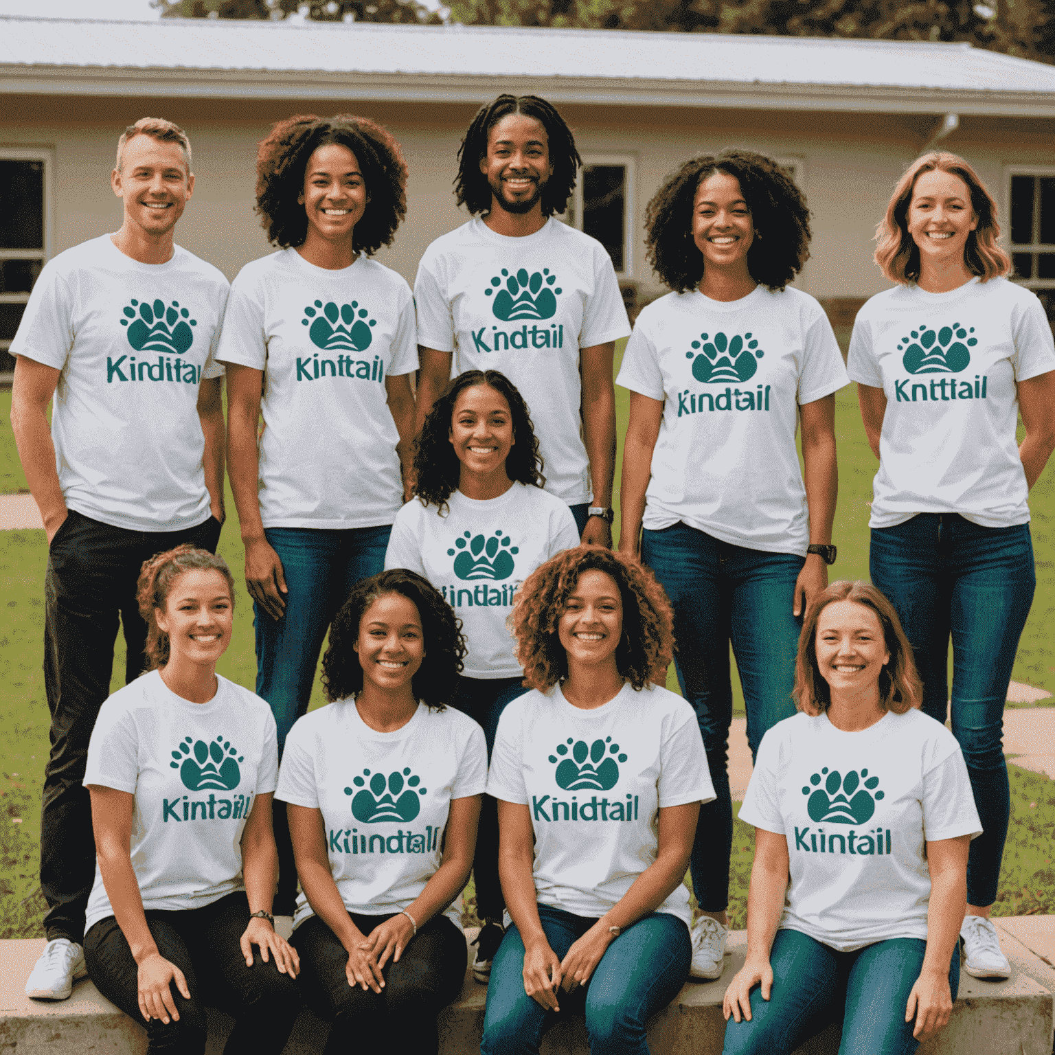 A group of diverse volunteers wearing KindTail t-shirts, standing together outside the shelter. They're holding various pet supplies and smiling proudly.