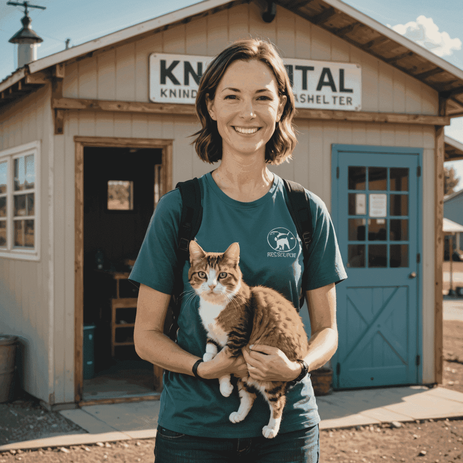Sarah, a smiling volunteer, holding a rescued cat and standing in front of the KindTail shelter