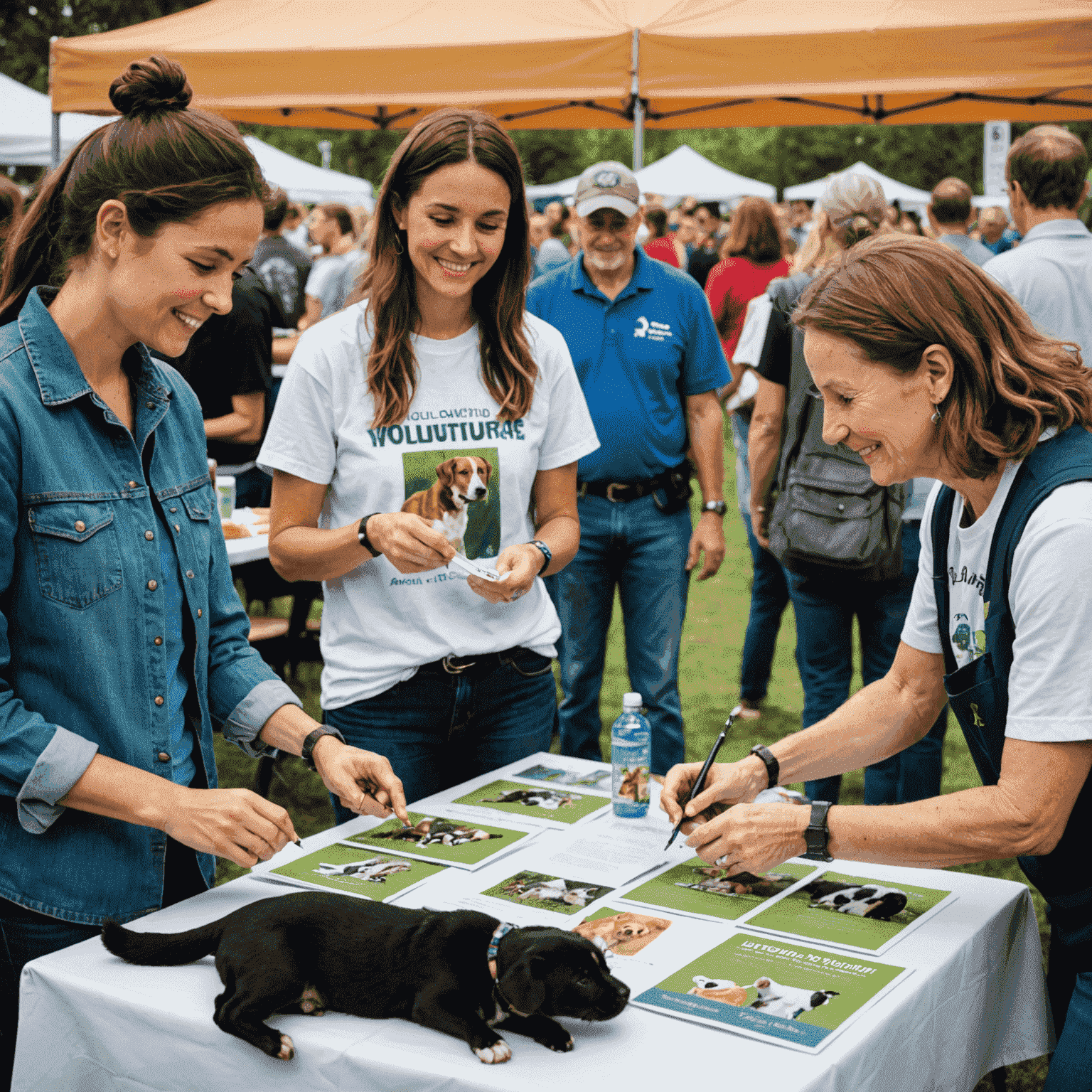 Volunteers at a community event promoting animal welfare. The image shows a booth with informational materials, adoptable animals, and engaged community members learning about animal care.
